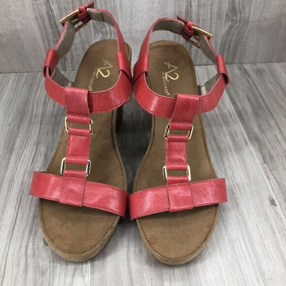 Aerosoles A2 Wedge Sandals 8M Plush Nite Dull Matte Red Buckle Strap Shoes - Picture 10 of 11